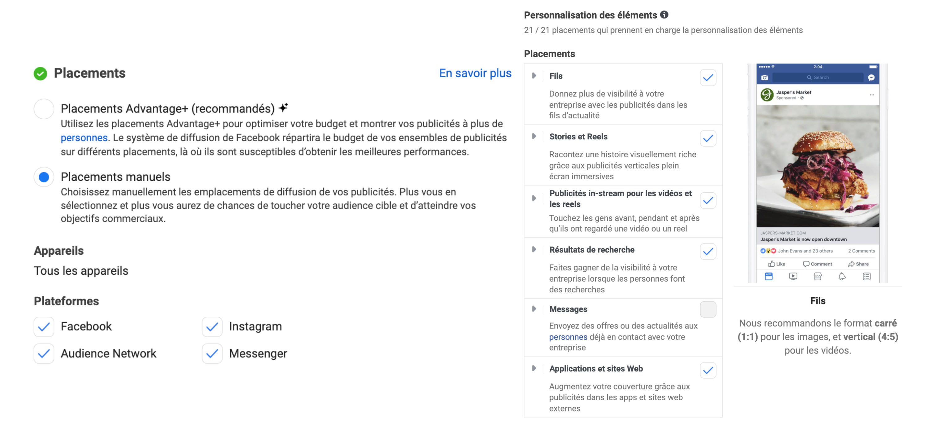 Placement des audiences Facebook Ads